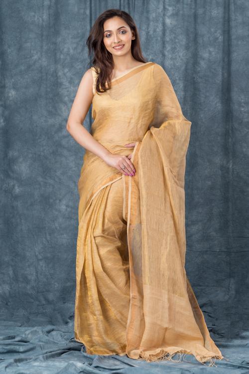 Handwoven Pure Linen Natural Saree