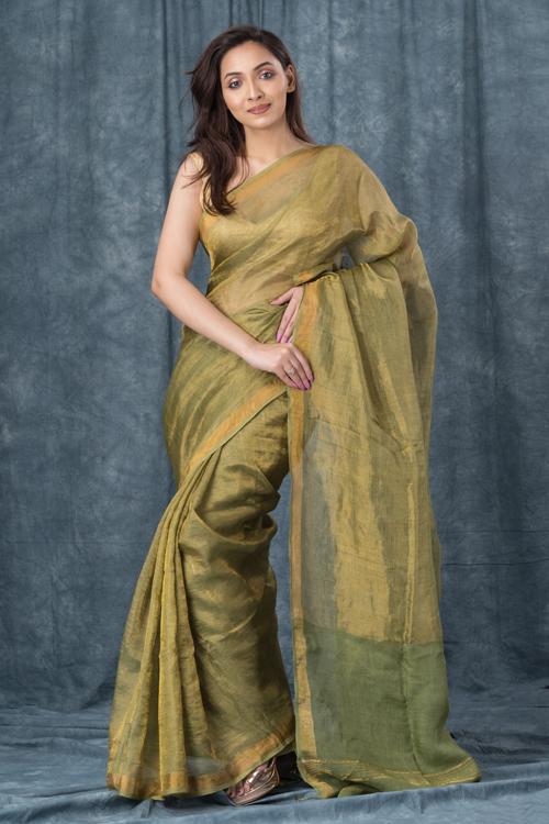 "Coppery" Handwoven Pure Linen Green Saree