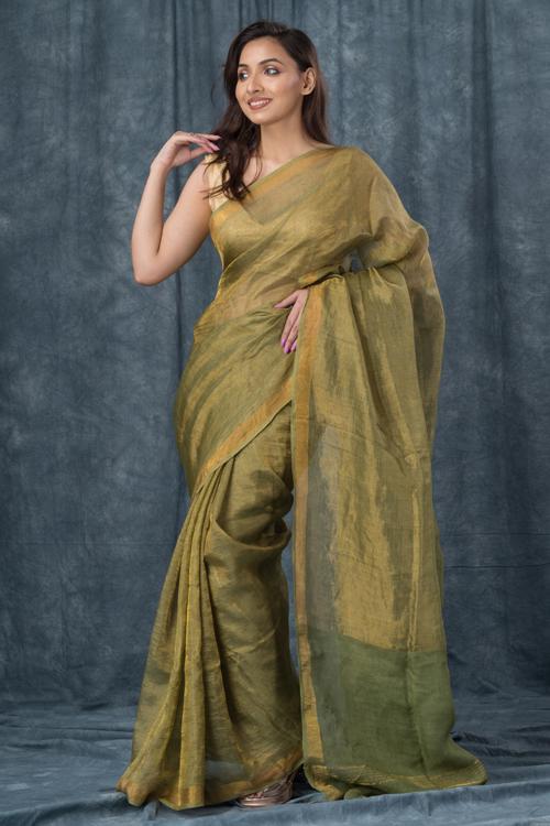 "Coppery" Handwoven Pure Linen Green Saree
