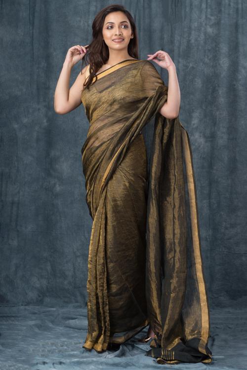 "Coppery" Handwoven Pure Linen Black Saree