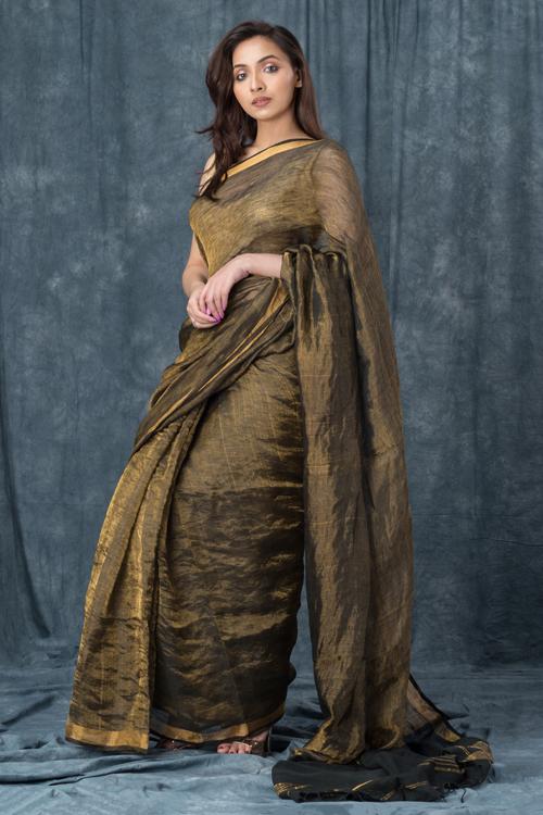 "Coppery" Handwoven Pure Linen Black Saree