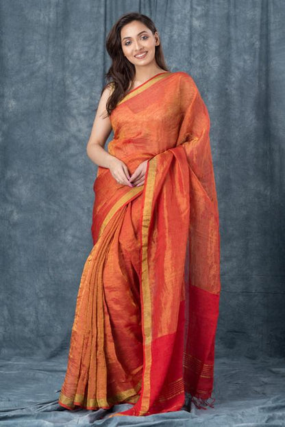 "Coppery" Handwoven Pure Linen Red Saree