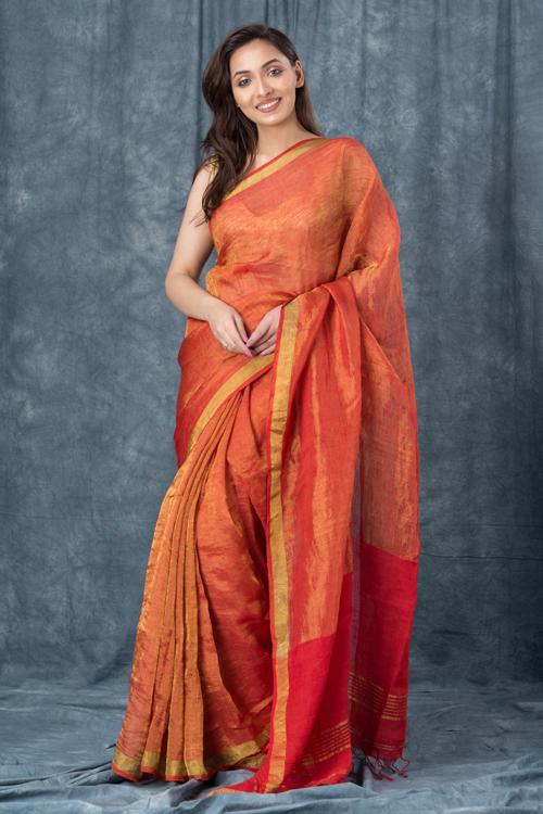 "Coppery" Handwoven Pure Linen Red Saree