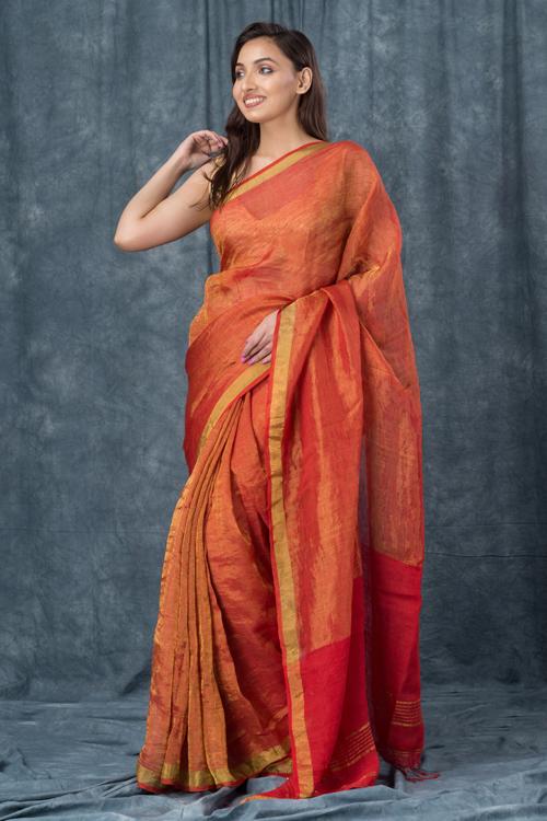 "Coppery" Handwoven Pure Linen Red Saree