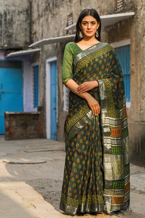 Sun & Shadows: Handblock Printed Slub Cotton Saree