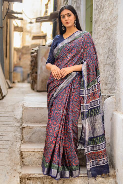 Udaan - Flights of Fantasy : Handblock Printed Slub Cotton Saree