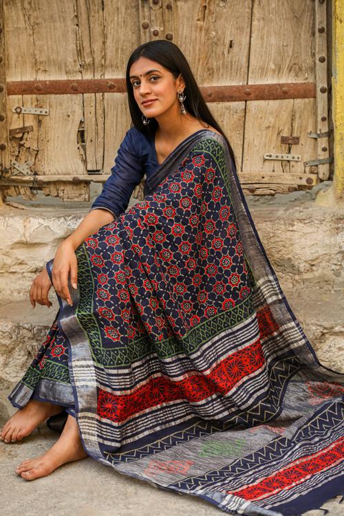 Just Be: Handblock Printed Slub Cotton Saree