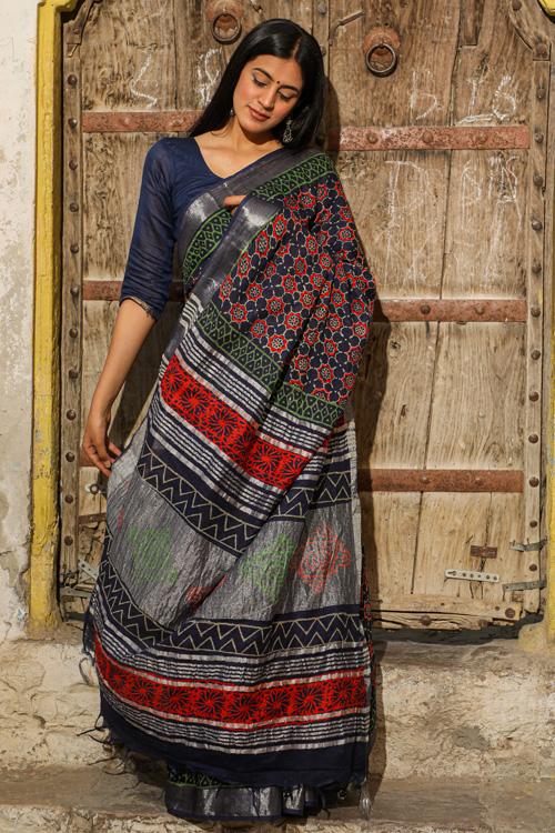 Just Be: Handblock Printed Slub Cotton Saree