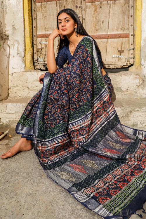 Marvellous: Handblock Printed Slub Cotton Saree