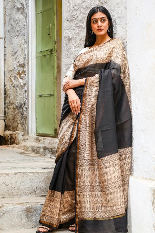 Silver Lining : BAGRU Handblock Print Chanderi Silk Saree