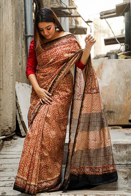 The Best of Traditions : BAGRU Handblock Print Chanderi Silk Saree