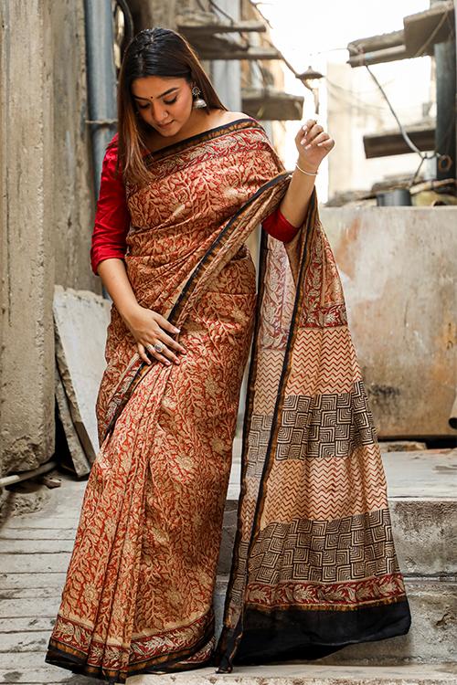 The Best of Traditions : BAGRU Handblock Print Chanderi Silk Saree