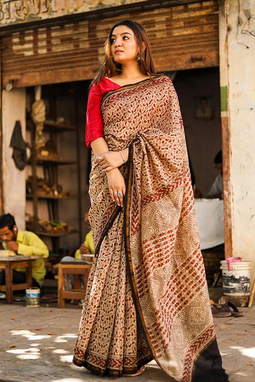 Paisleys & Polkas : BAGRU Handblock Print Chanderi Silk Saree