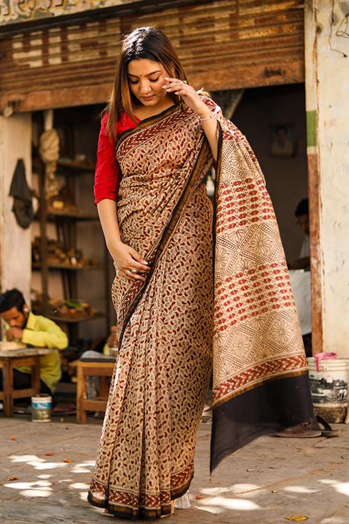 Paisleys & Polkas : BAGRU Handblock Print Chanderi Silk Saree