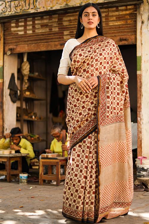 Your perfect Square : BAGRU Handblock Print Chanderi Silk Saree