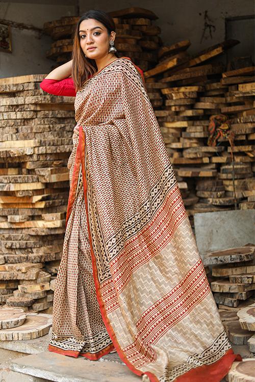 Building Blocks of Wisdom : BAGRU Handblock Print Chanderi Silk Saree