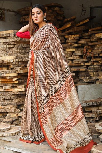 Building Blocks of Wisdom : BAGRU Handblock Print Chanderi Silk Saree