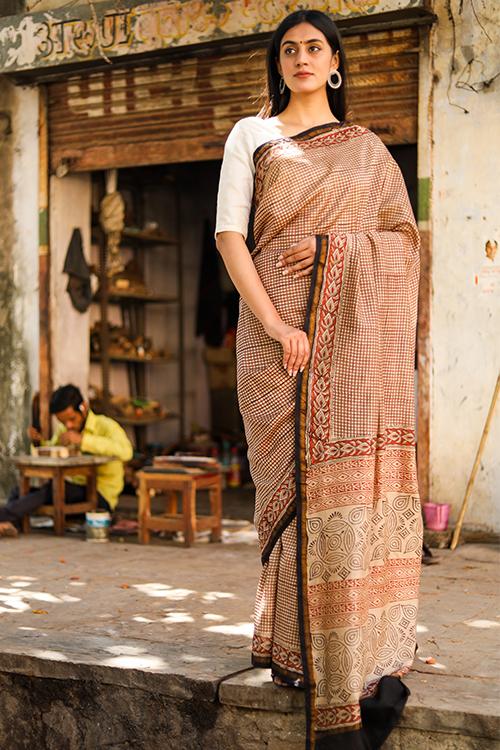 Perfect Printing - Checked : BAGRU Handblock Print Chanderi Silk Saree
