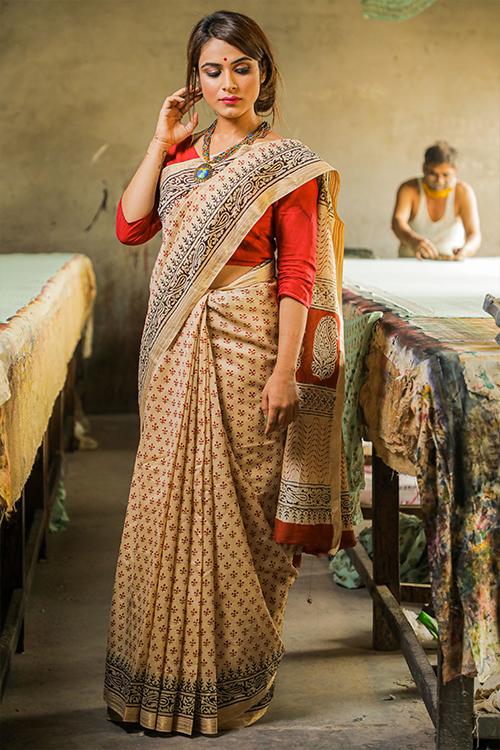 Bagru Handblock Print Maheshwari Silk Saree-1