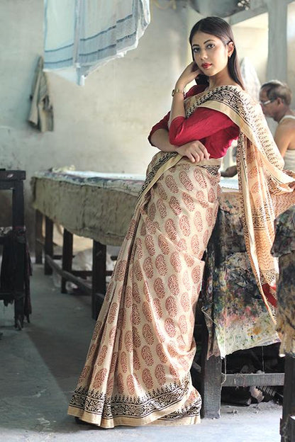Bagru Handblock Print Maheshwari Silk Saree-2