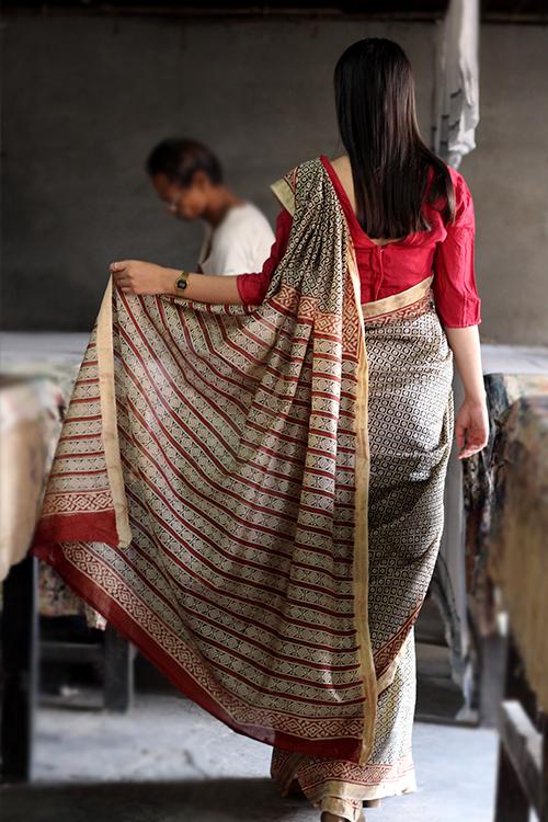 Bagru Handblock Print Maheshwari Silk Saree-3