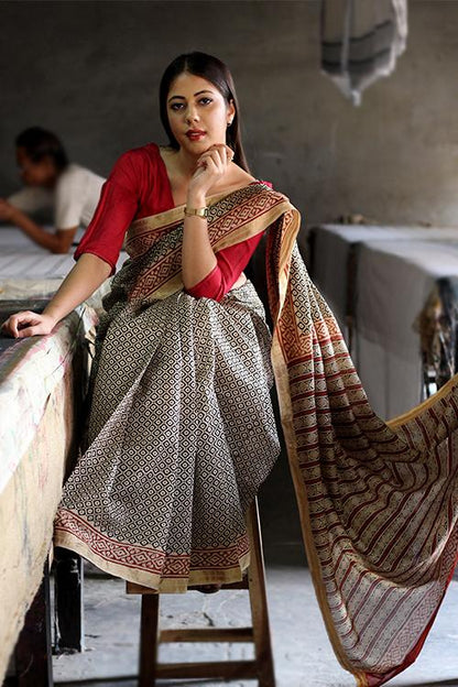 Bagru Handblock Print Maheshwari Silk Saree-3