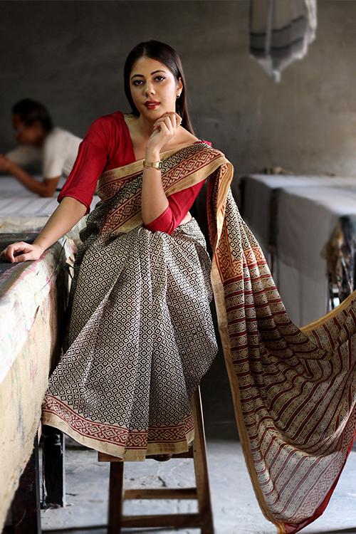 Bagru Handblock Print Maheshwari Silk Saree-3