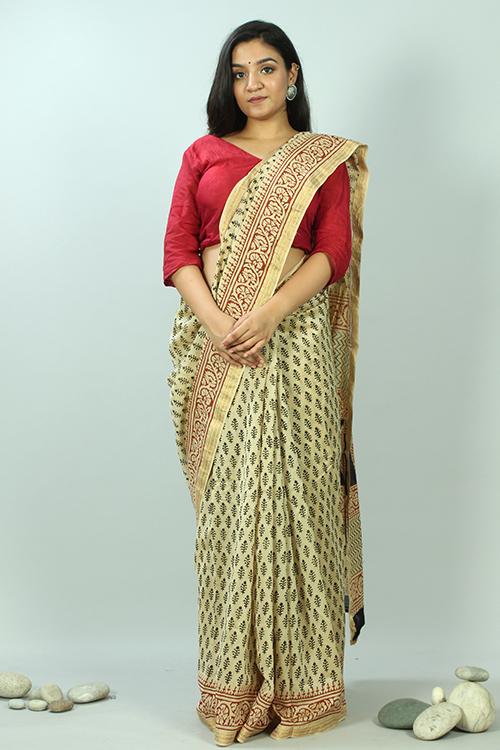 Bagru Handblock Print Maheshwari Silk Saree-4