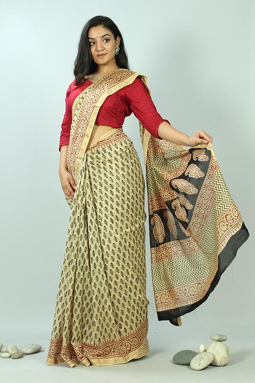 Bagru Handblock Print Maheshwari Silk Saree-4