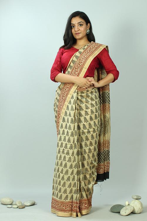 Bagru Handblock Print Maheshwari Silk Saree-5