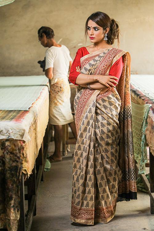 Bagru Handblock Print Maheshwari Silk Saree