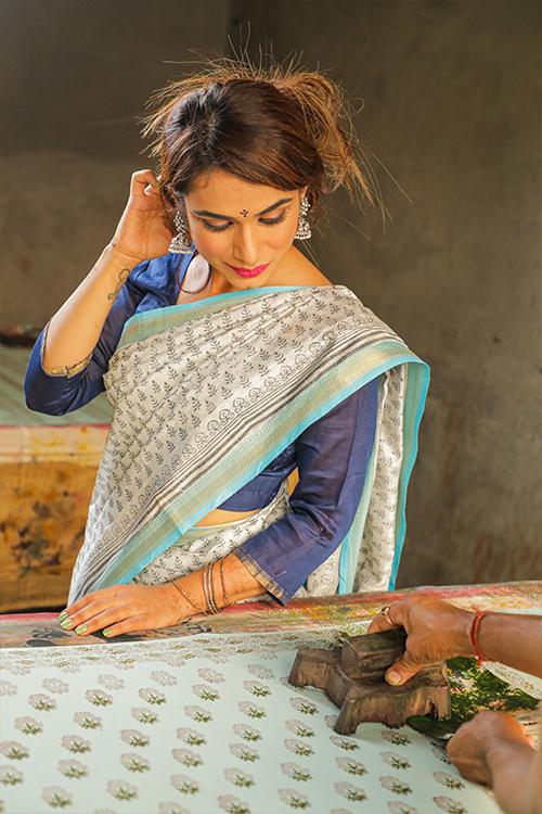 Pigment Handblock Print Maheshwari Silk Saree-1