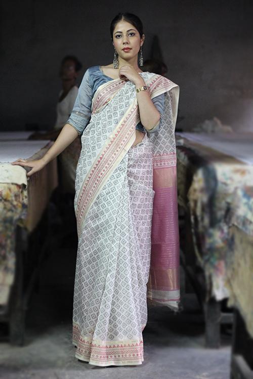 Pigment Handblock Print Maheshwari Silk Saree-2