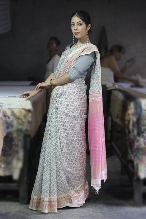 Pigment Handblock Print Maheshwari Silk Saree-2