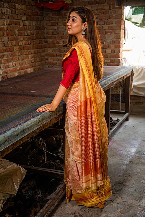 Pigment Handblock Print Maheshwari Silk Saree-3