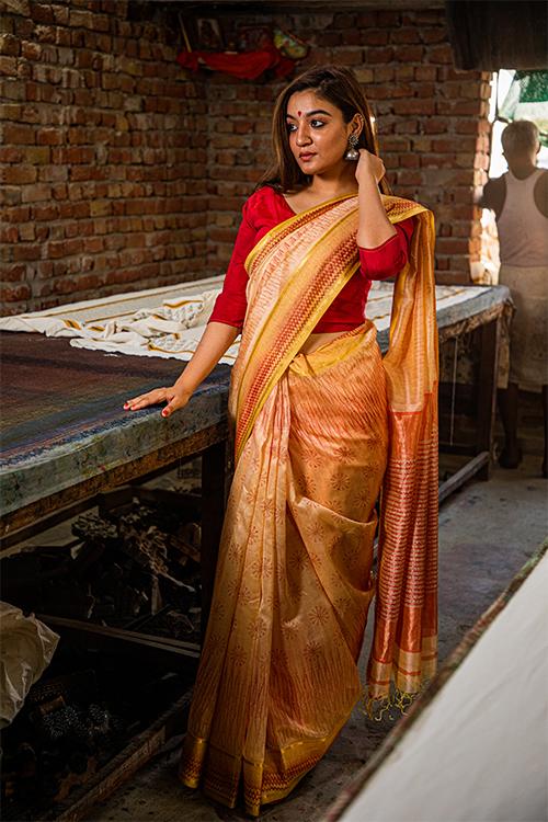 Pigment Handblock Print Maheshwari Silk Saree-3