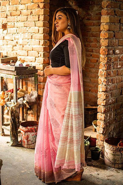 Pigment Handblock Print Maheshwari Silk Saree-4
