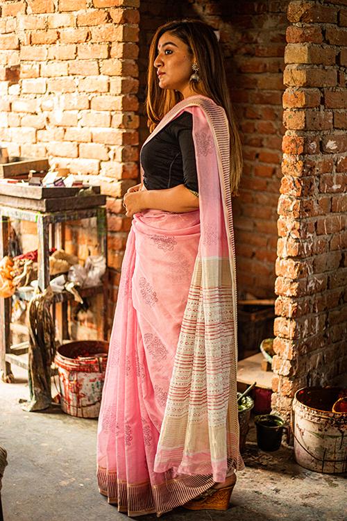 Pigment Handblock Print Maheshwari Silk Saree-4