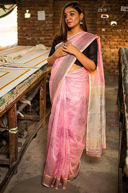 Pigment Handblock Print Maheshwari Silk Saree-4