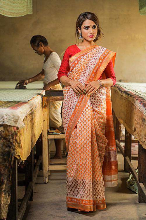 Pigment Handblock Print Maheshwari Silk Saree-5
