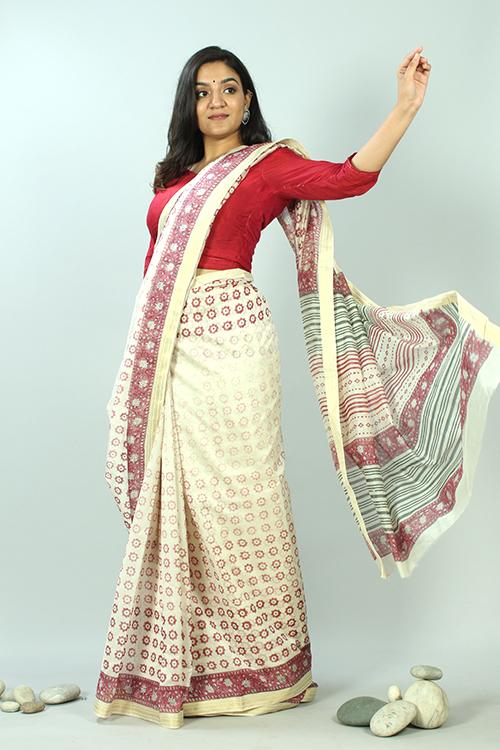 Hand Block Printed Maheshwari Silk Saree-6