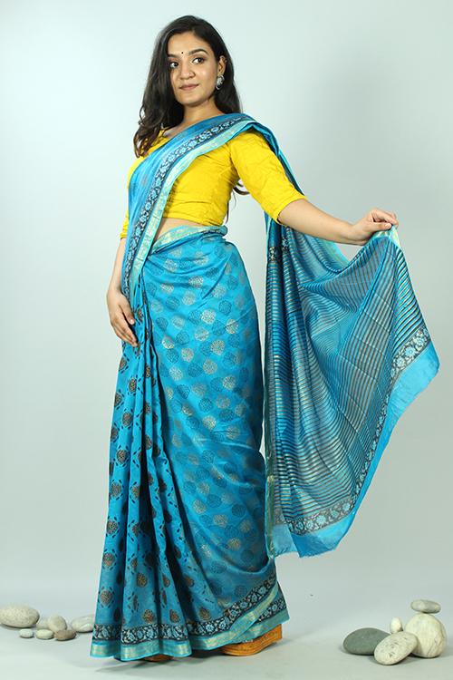 Hand Block Printed Maheshwari Silk Saree-7