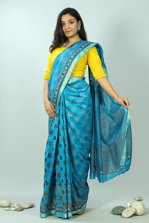 Hand Block Printed Maheshwari Silk Saree-7