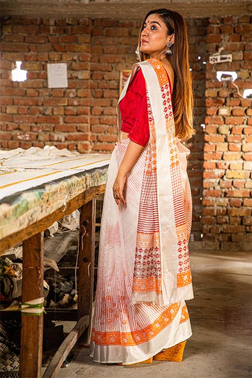 Hand Block Printed Maheshwari Silk Saree-8