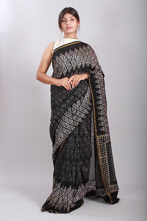 Chuna Patri Handblock Print Chanderi Silk Saree in a contrast blend of Black & White-42