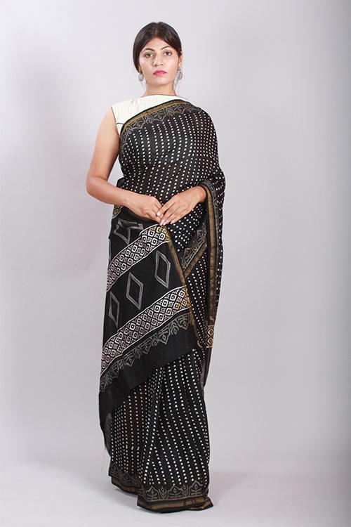 Chuna Patri Handblock Print Chanderi Silk Saree in a contrast blend of Black & White-44