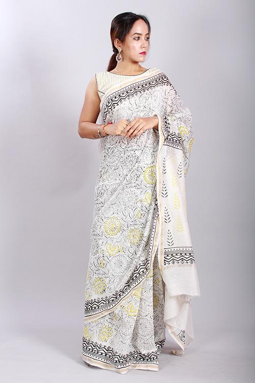 Chuna Patri Handblock Print Chanderi Silk Saree in a contrast blend of Black & White-45