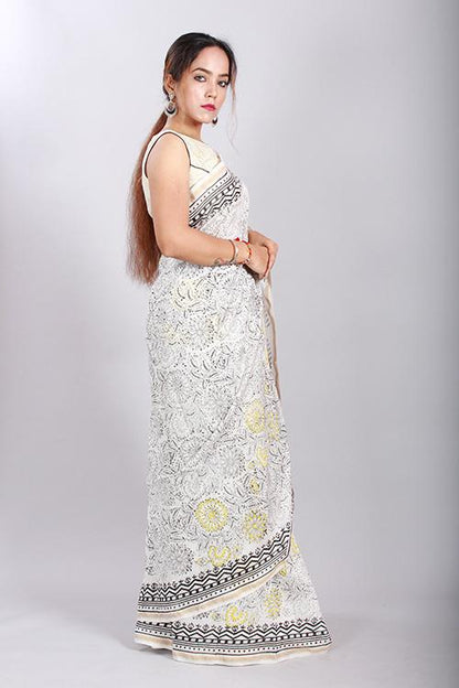Chuna Patri Handblock Print Chanderi Silk Saree in a contrast blend of Black & White-45