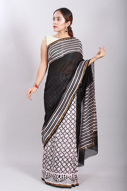 Chuna Patri Handblock Print Chanderi Silk Saree in a contrast blend of Black & White-49