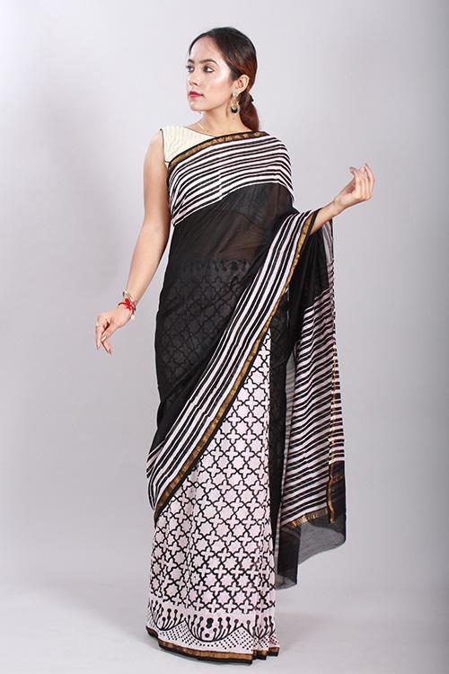 Chuna Patri Handblock Print Chanderi Silk Saree in a contrast blend of Black & White-49